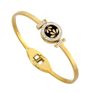 Gold-Toned Black Enamel Floral Kada Bracelet